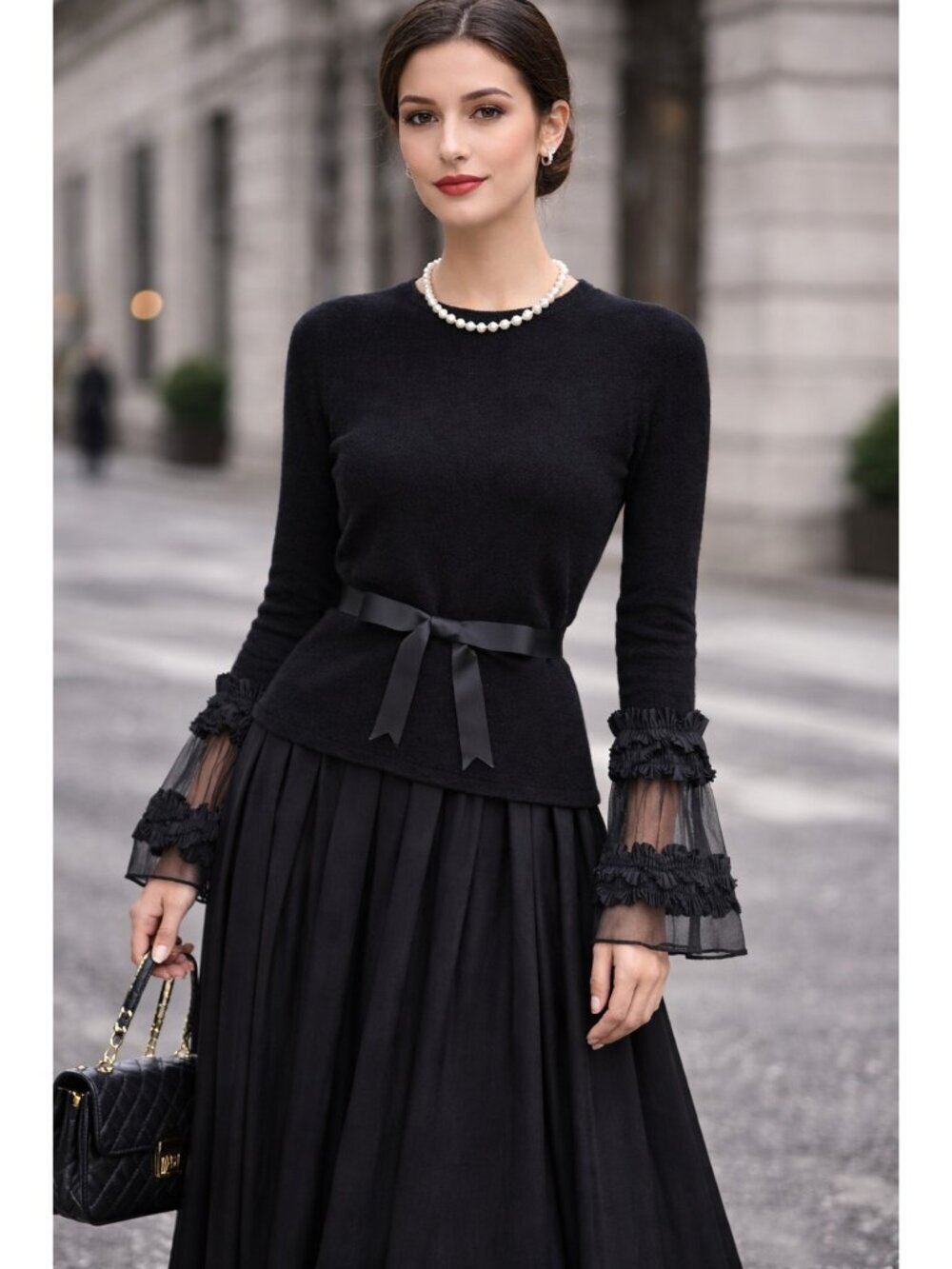 Mira New York Cashmere Wool Black Top Size 2 Sheer Ruffle Sleeve Bow Belt